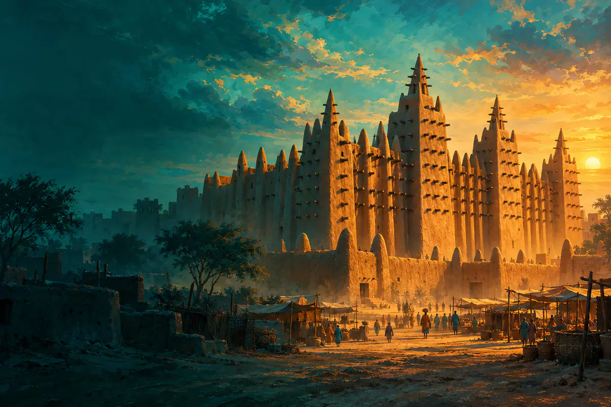 Grande mosquée de terre crue de Djenné au Mali, murs ocre hérissés de pieux dans la lumière du soir