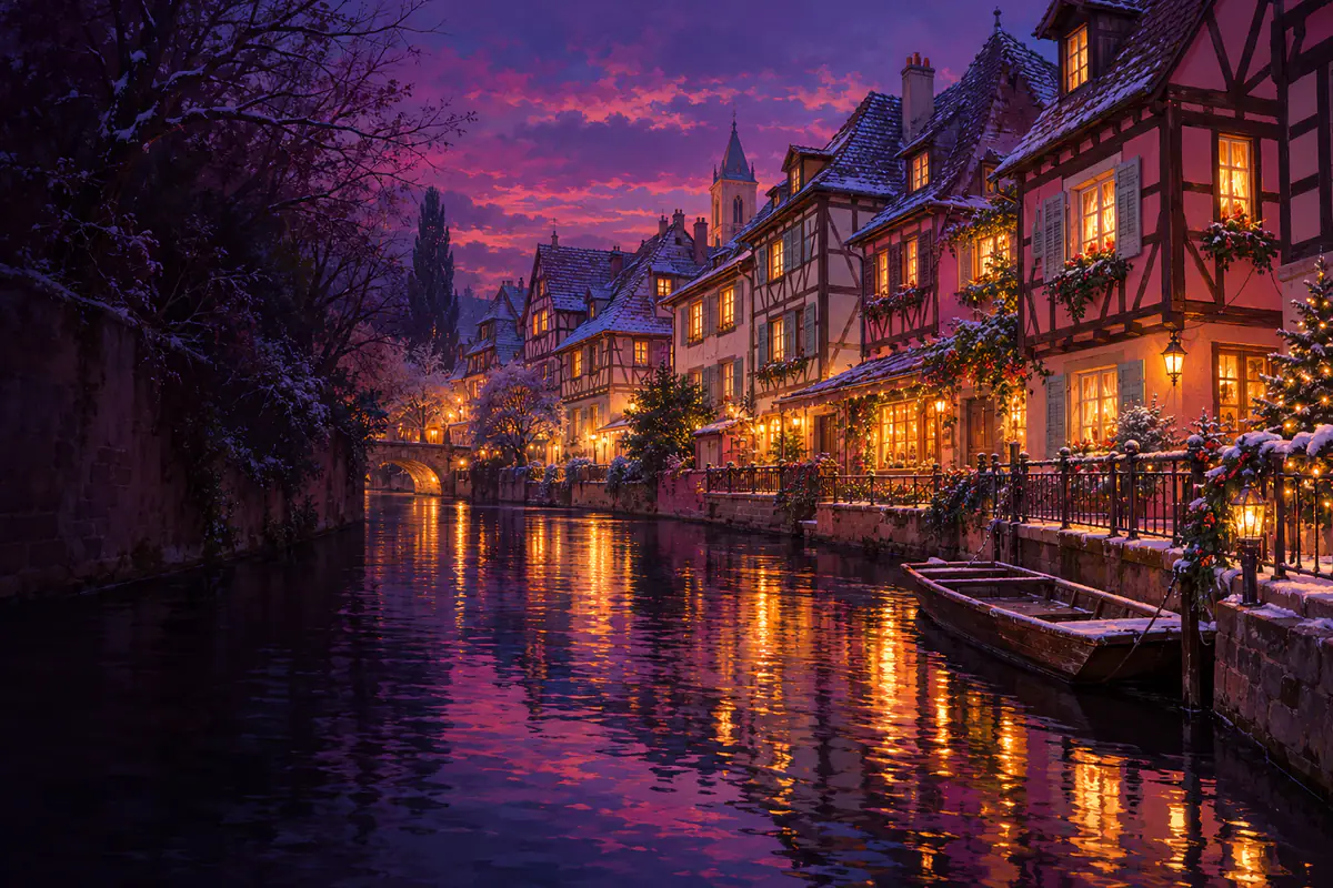 Maisons à colombages de la Petite Venise de Colmar à l’heure bleue, fenêtres éclairées et reflets dans la Lauch