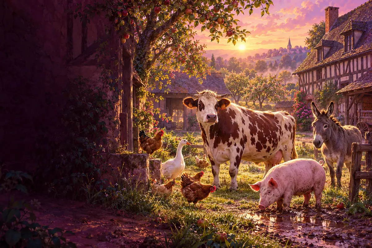 Cour de ferme normande au matin avec vache normande, poules, oie, cochon et âne devant les colombages