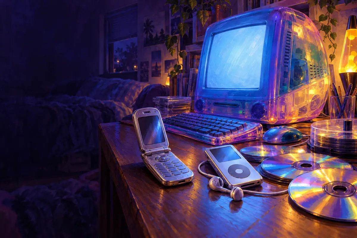 Téléphone à clapet, baladeur MP3, ordinateur translucide et CD irisés dans une chambre des années 2000