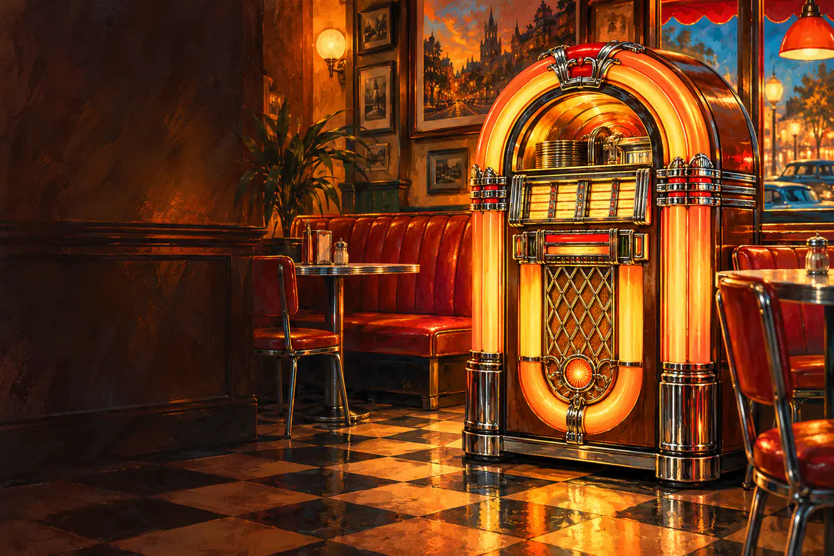 Juke-box chromé aux arches lumineuses orange dans un café des années 60, banquettes rouges et carrelage damier