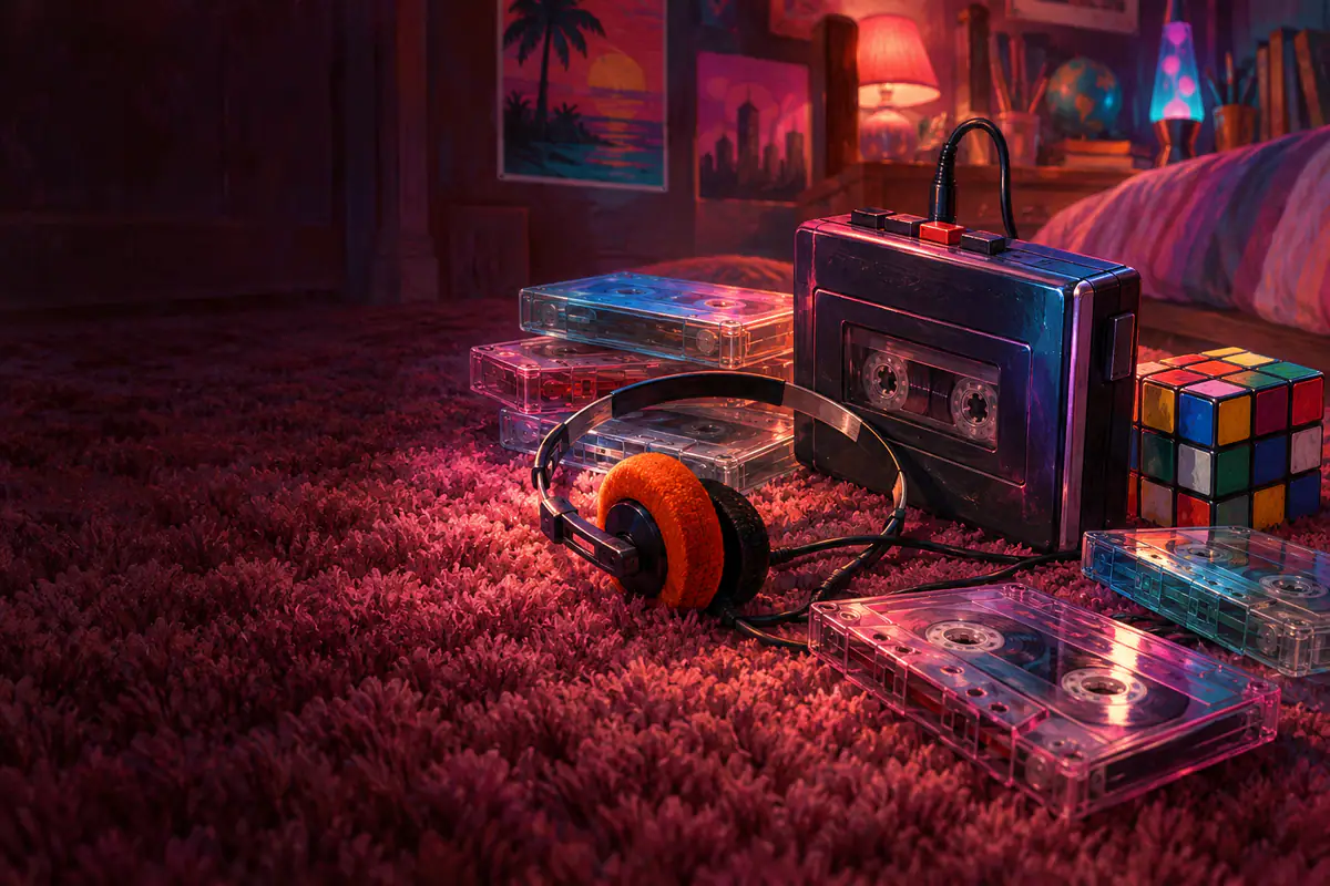 Baladeur à cassette, casque en mousse orange et cassettes audio sur une moquette, sous des néons des années 80