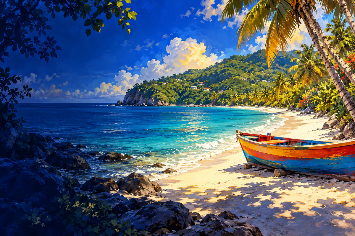 Plage de Grande-Anse à Deshaies en Guadeloupe, cocotiers penchés, eau turquoise et yole colorée sur le sable