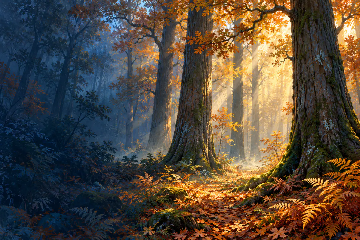 Chênes immenses de la forêt de Tronçais, troncs droits comme des colonnes dans la brume d’automne