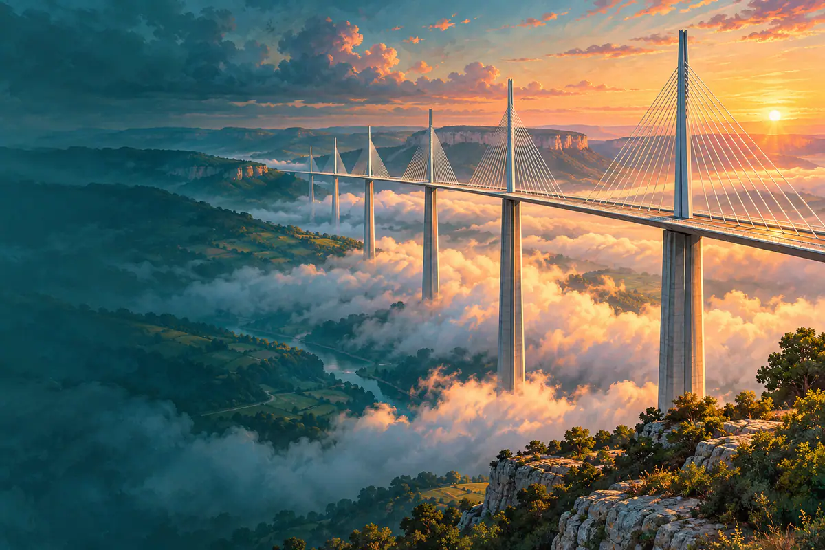 Le viaduc de Millau au-dessus d’une mer de nuages à l’aube, haubans blancs, piliers et vallée du Tarn