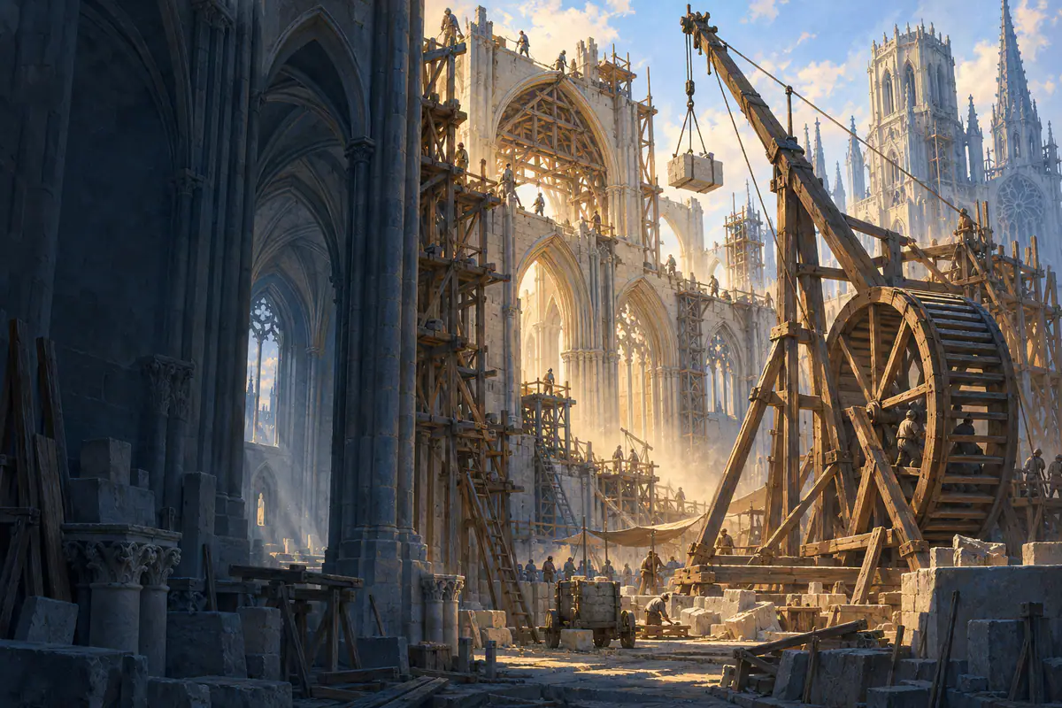 Chantier d’une cathédrale gothique au XIIIe siècle, échafaudages en bois, roue de levage et voûtes en construction