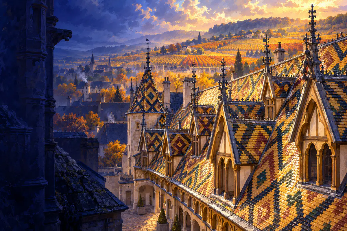 Toits de tuiles vernissées multicolores des Hospices de Beaune devant le vignoble de la côte de Beaune en automne