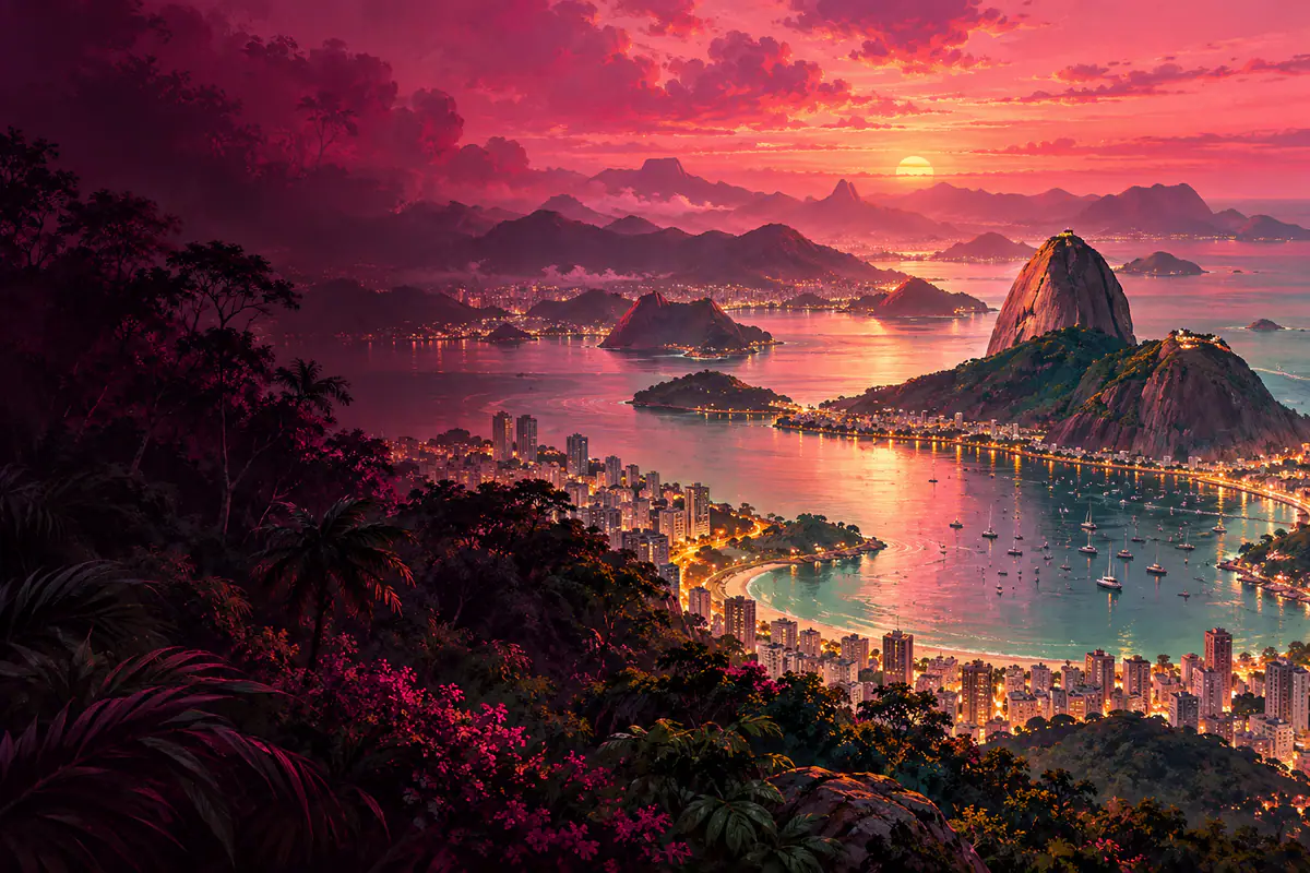 Le Pain de Sucre et la baie de Guanabara à Rio de Janeiro au crépuscule, forêt tropicale et lumières de la ville