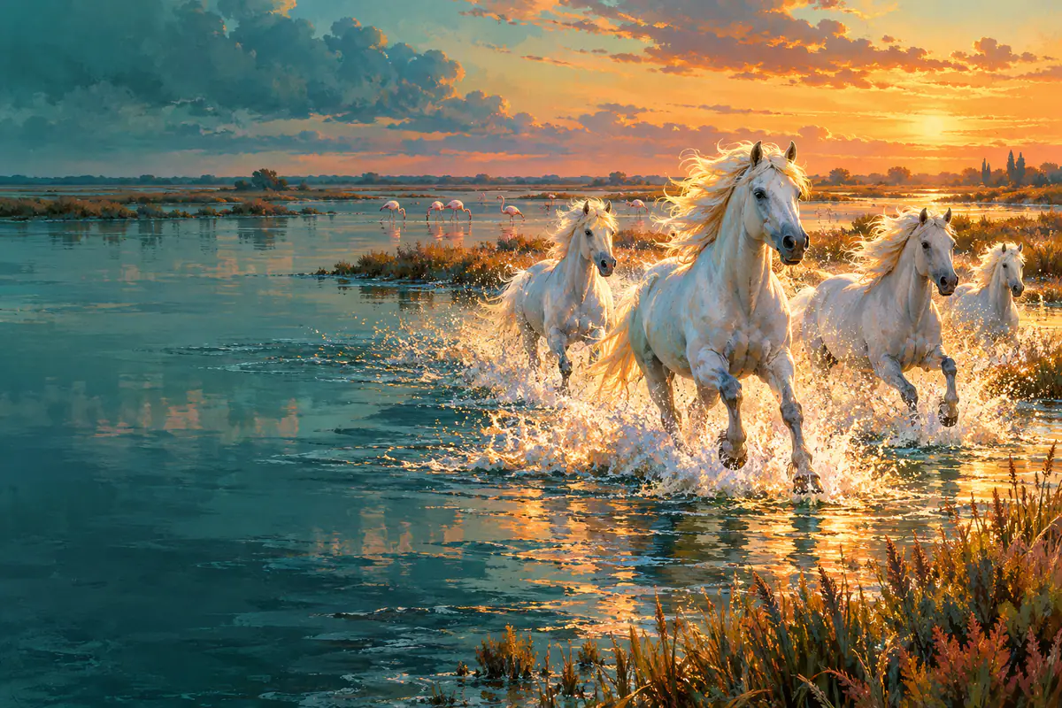Chevaux blancs de Camargue galopant dans un étang sous la lumière dorée du soir, flamants roses au loin