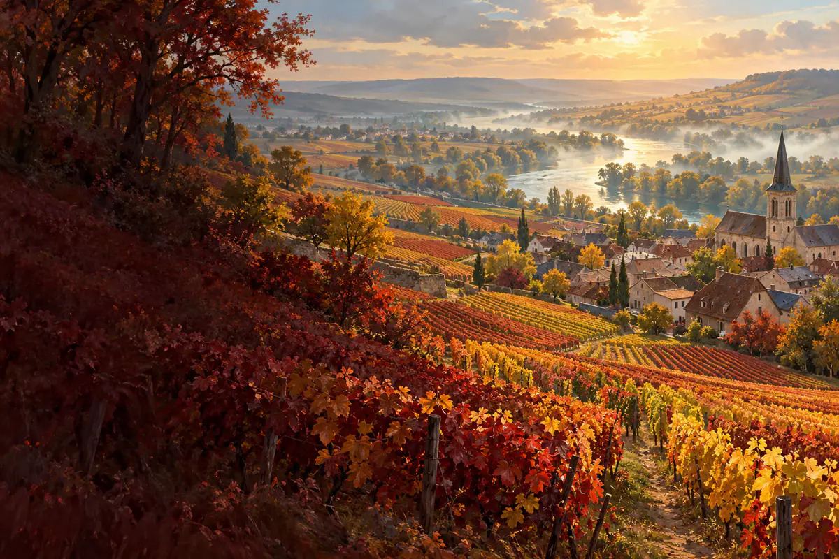 Coteaux de vignes de Champagne autour d’Hautvillers en octobre, clocher du village et Marne dans la brume