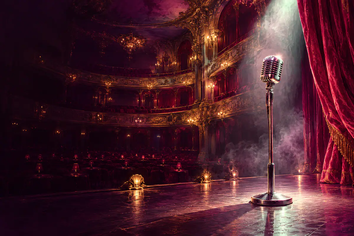 Micro chromé vintage seul sur la scène d’un music-hall parisien, sous la poursuite, devant un rideau rouge