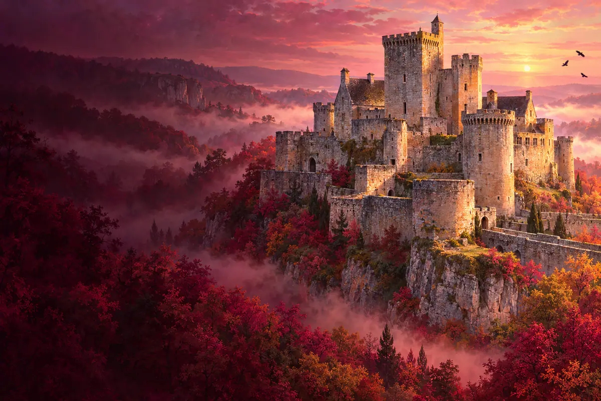 Château fort de Bonaguil sur son éperon rocheux, tours et donjon émergeant de la brume d’automne