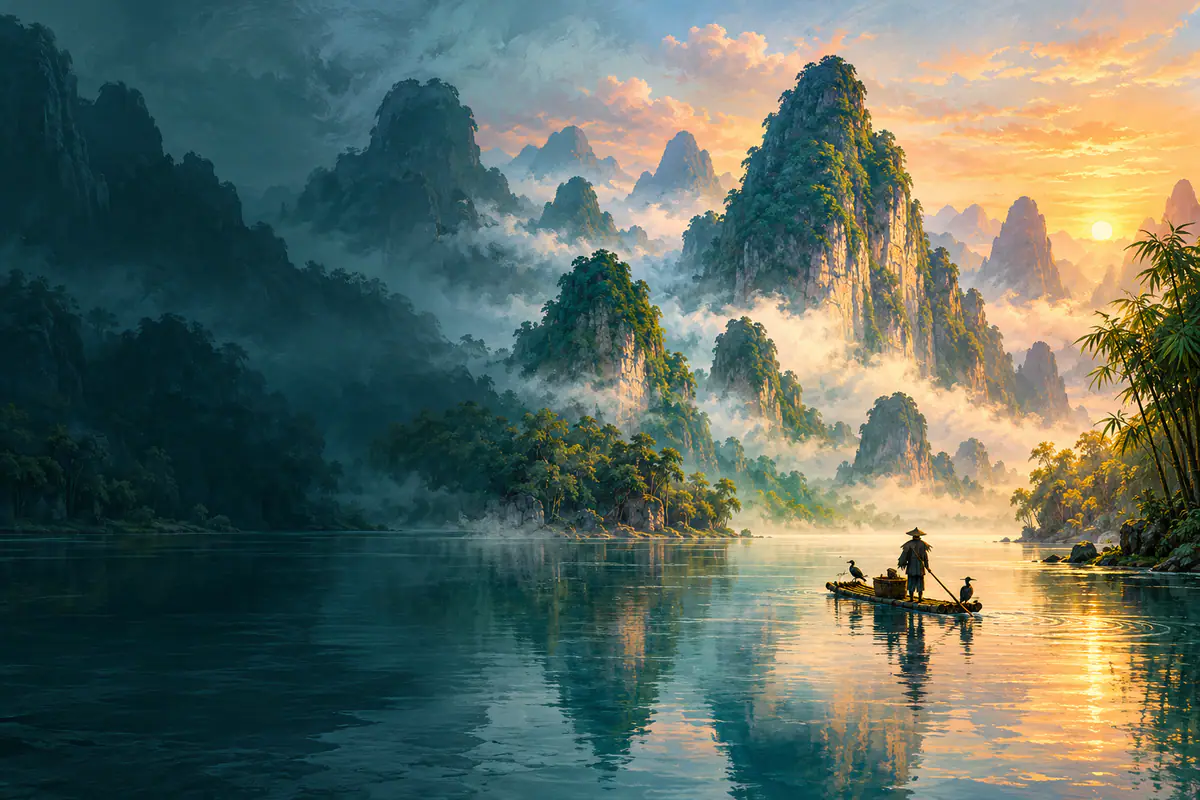 Pitons karstiques de Guilin le long de la rivière Li à l’aube, radeau de bambou et brume sur l’eau lisse