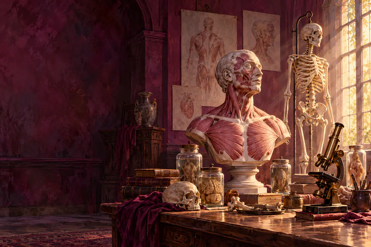 Salle d’anatomie ancienne avec écorché en plâtre, squelette articulé, bocaux et microscope en laiton
