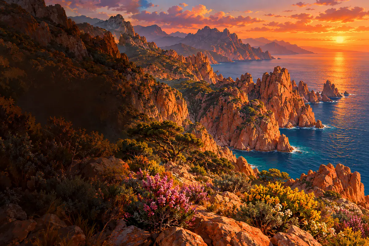 Falaises de granit rouge des calanques de Piana plongeant dans le golfe de Porto au coucher du soleil