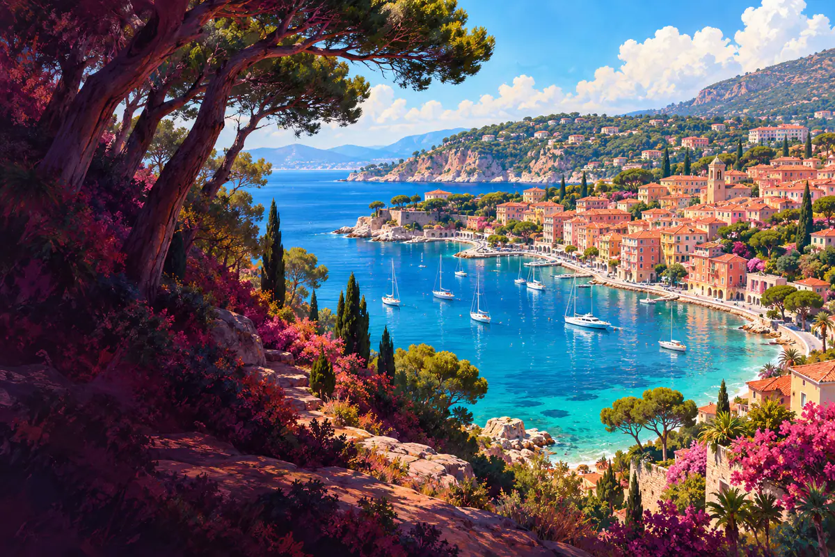Rade de Villefranche-sur-Mer vue de la Moyenne Corniche, façades ocre, voiliers et eau turquoise en été