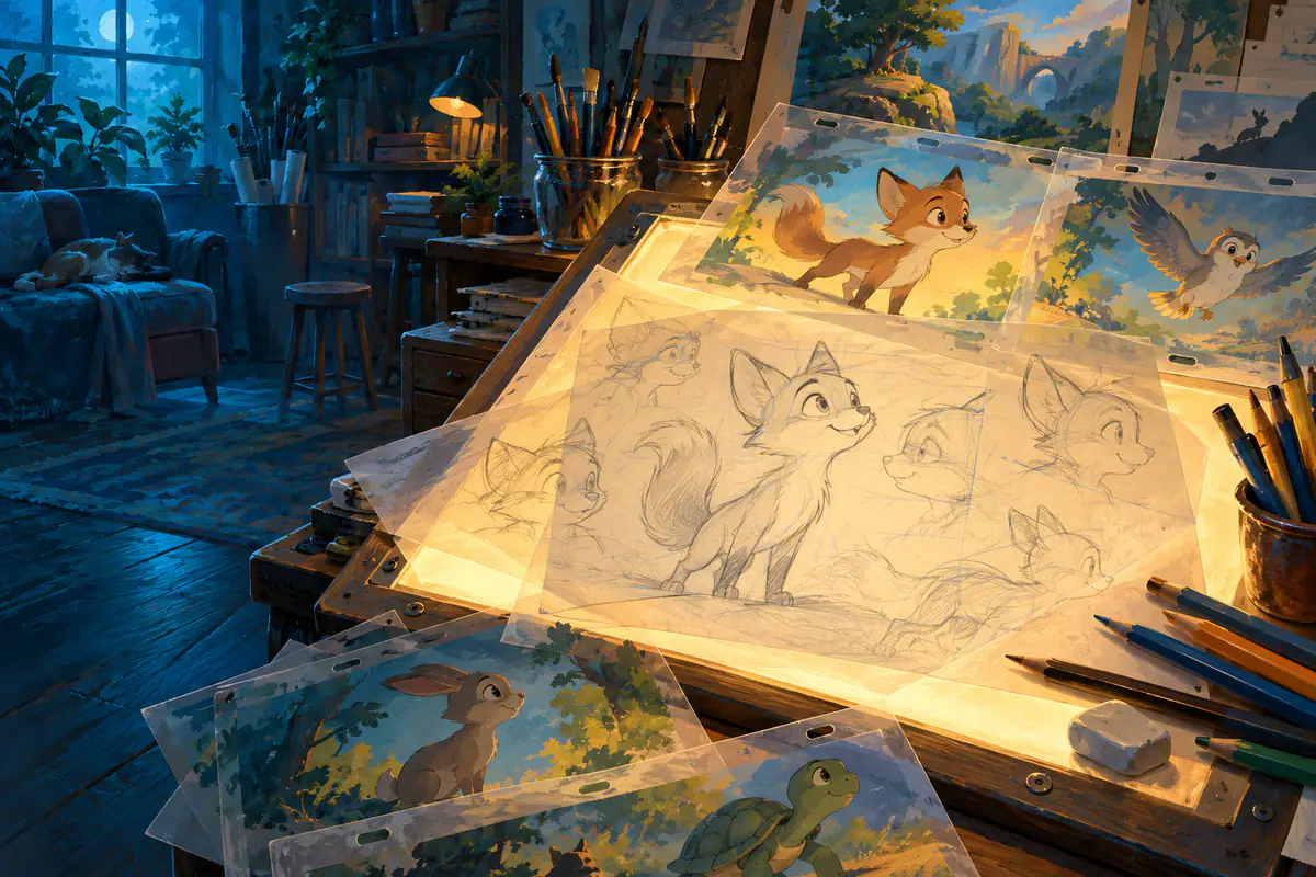 Table lumineuse d’animateur de dessin animé, calques d’esquisses de personnages animaux et crayons de couleur