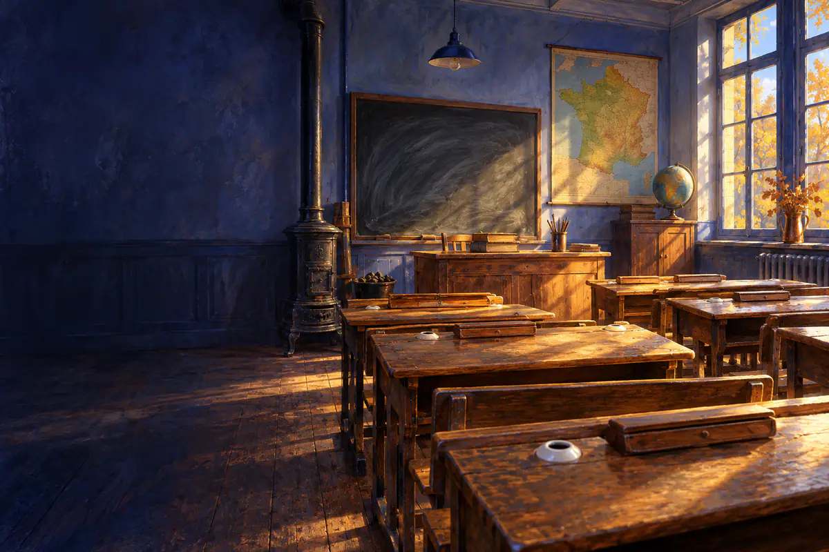 Salle de classe des années 1950, pupitres en bois à encriers, tableau noir, poêle et globe dans la lumière