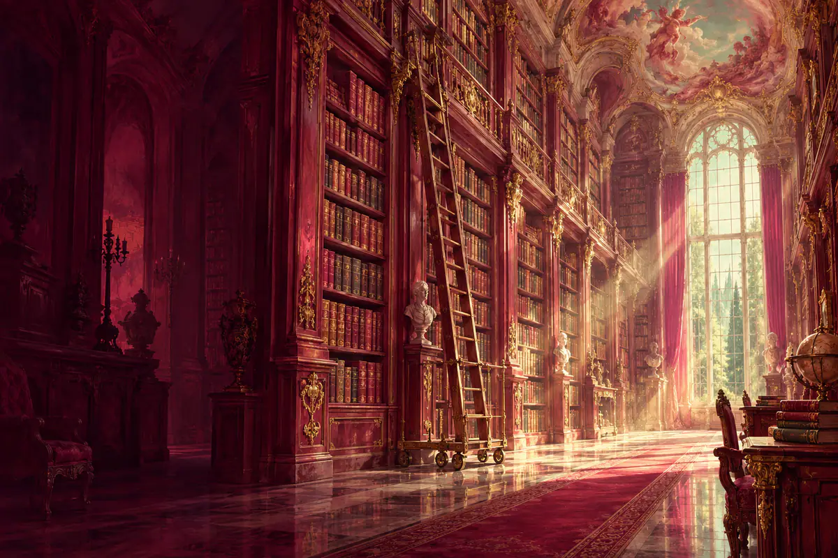 Bibliothèque de château avec échelle roulante, volumes reliés cuir jusqu’au plafond peint et poussière dorée