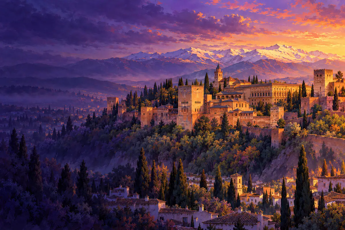 L’Alhambra de Grenade au coucher du soleil depuis le mirador de San Nicolás, Sierra Nevada enneigée derrière