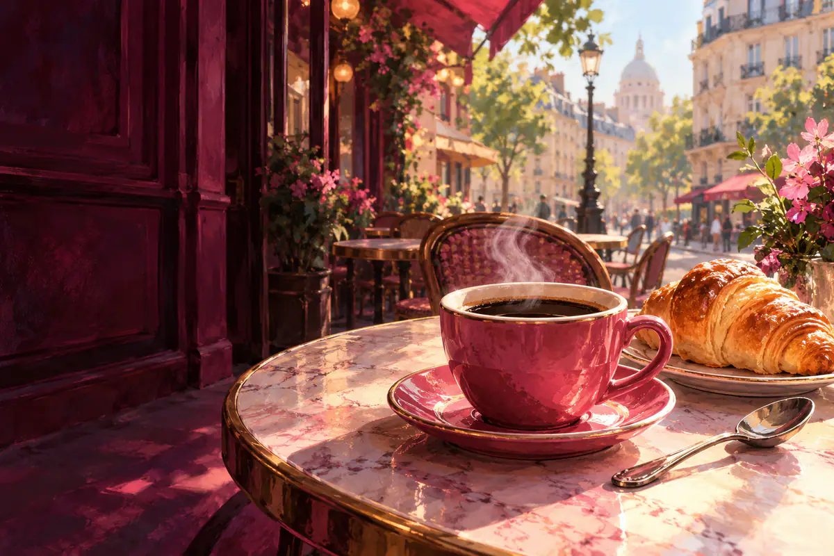 Tasse de café noir fumante et croissant sur une table de bistrot parisien en marbre, dans la lumière du matin