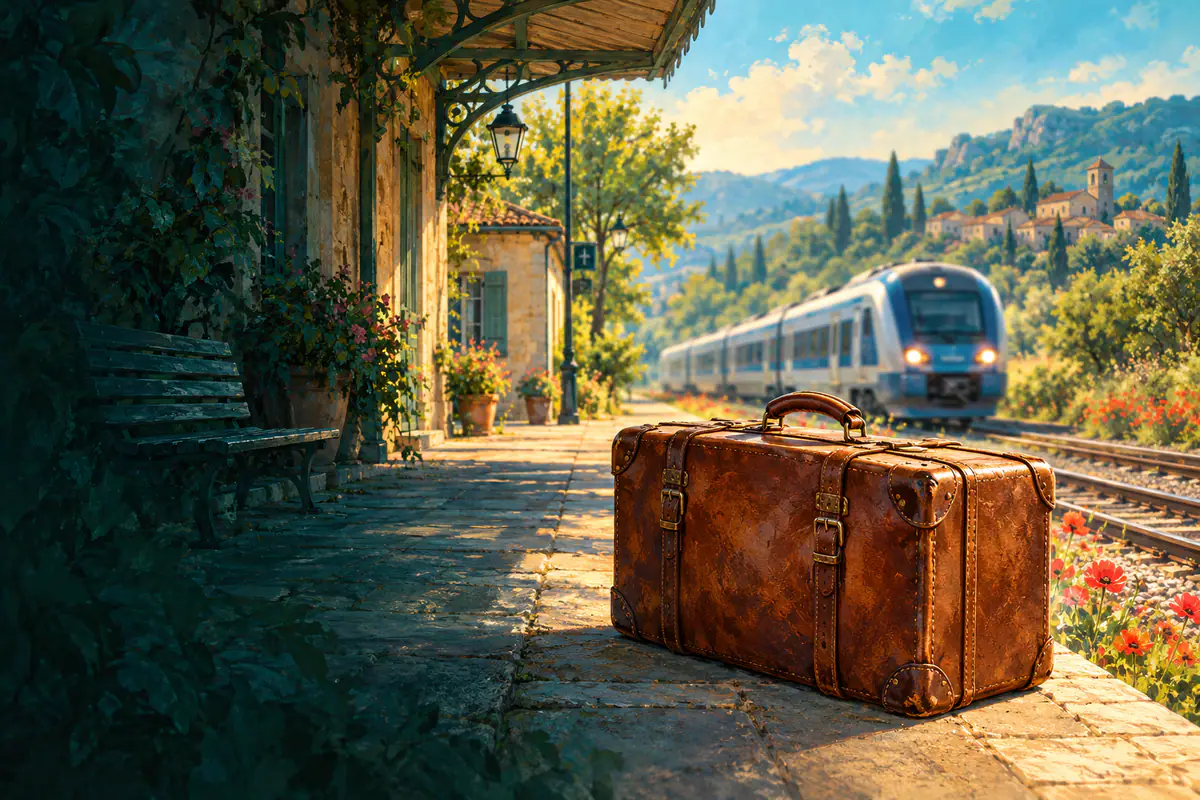 Valise en cuir vintage sur le quai d’une petite gare de campagne, train en approche et coquelicots