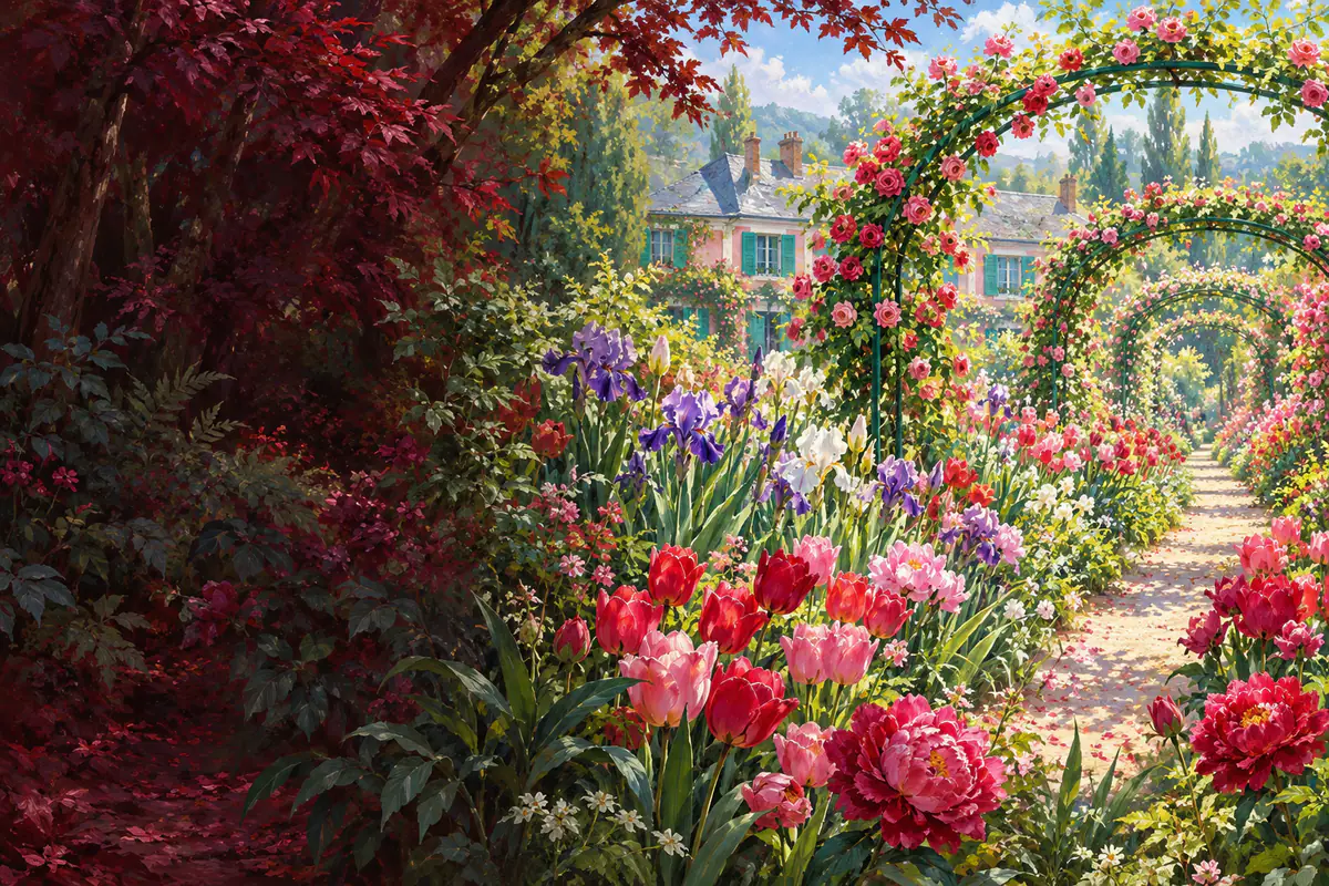Allée du jardin de Claude Monet à Giverny débordant de tulipes, d’iris et de pivoines au printemps