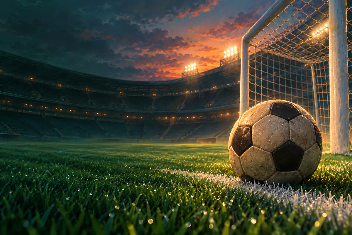 Ballon de football en cuir sur la ligne de but d’une pelouse, stade vide aux projecteurs allumés au crépuscule