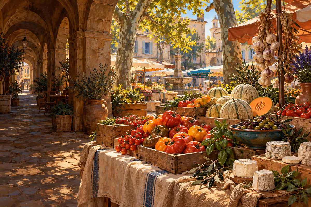 Étal de marché provençal sous les platanes d’Uzès : tomates anciennes, melons, tresses d’ail et fromages de chèvre