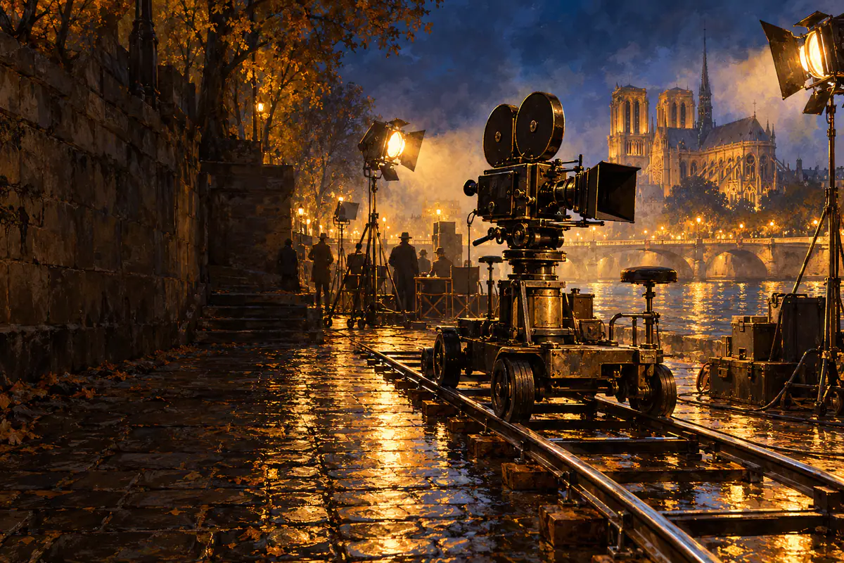 Plateau de tournage des années 60 sur un quai de Seine la nuit, caméra sur travelling et projecteurs