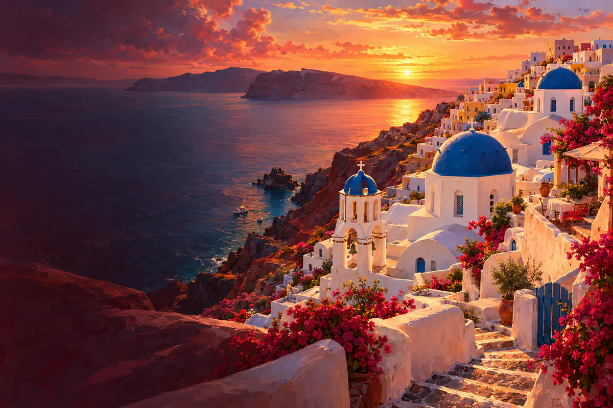 Coupoles bleues et maisons blanches d’Oia à Santorin accrochées à la caldeira, bougainvillées et mer Égée