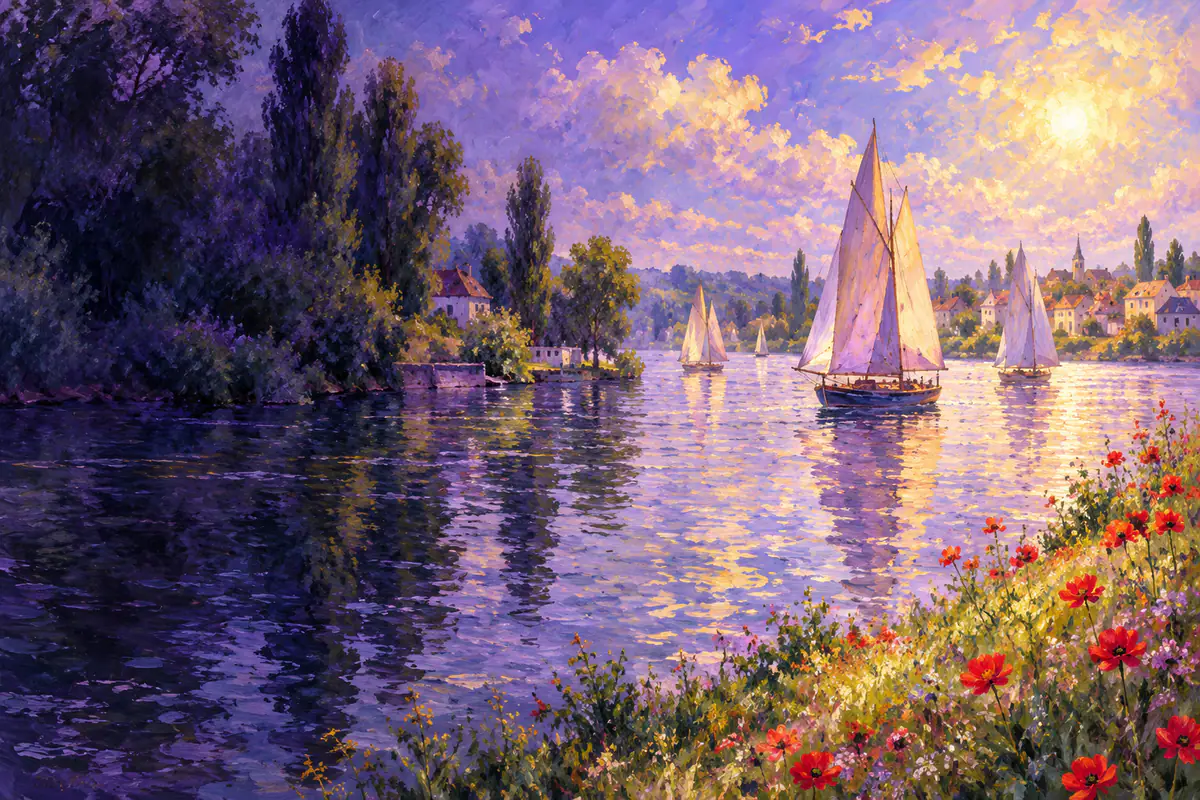 Bords de Seine à Argenteuil à la manière impressionniste, voiliers, reflets colorés et coquelicots sur la berge
