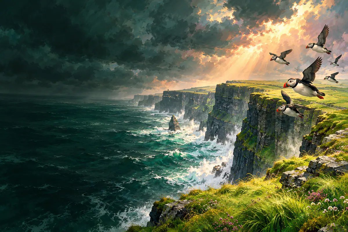 Falaises de Moher en Irlande sous un ciel d’orage, herbe verte au bord du vide et océan Atlantique déchaîné