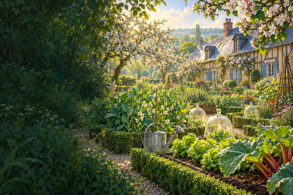 Potager en carrés d’une longère normande au printemps, bordures de buis, salades, arrosoir et pommiers en fleurs