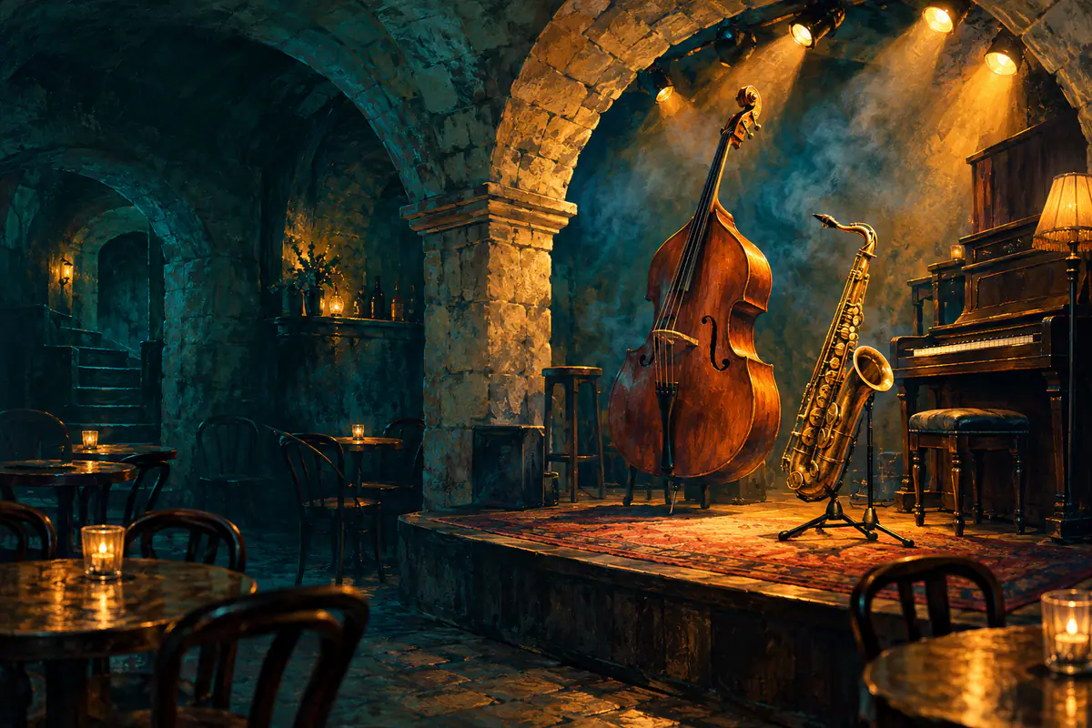 Cave de jazz voûtée de Saint-Germain-des-Prés, contrebasse et saxophone sous un projecteur ambré