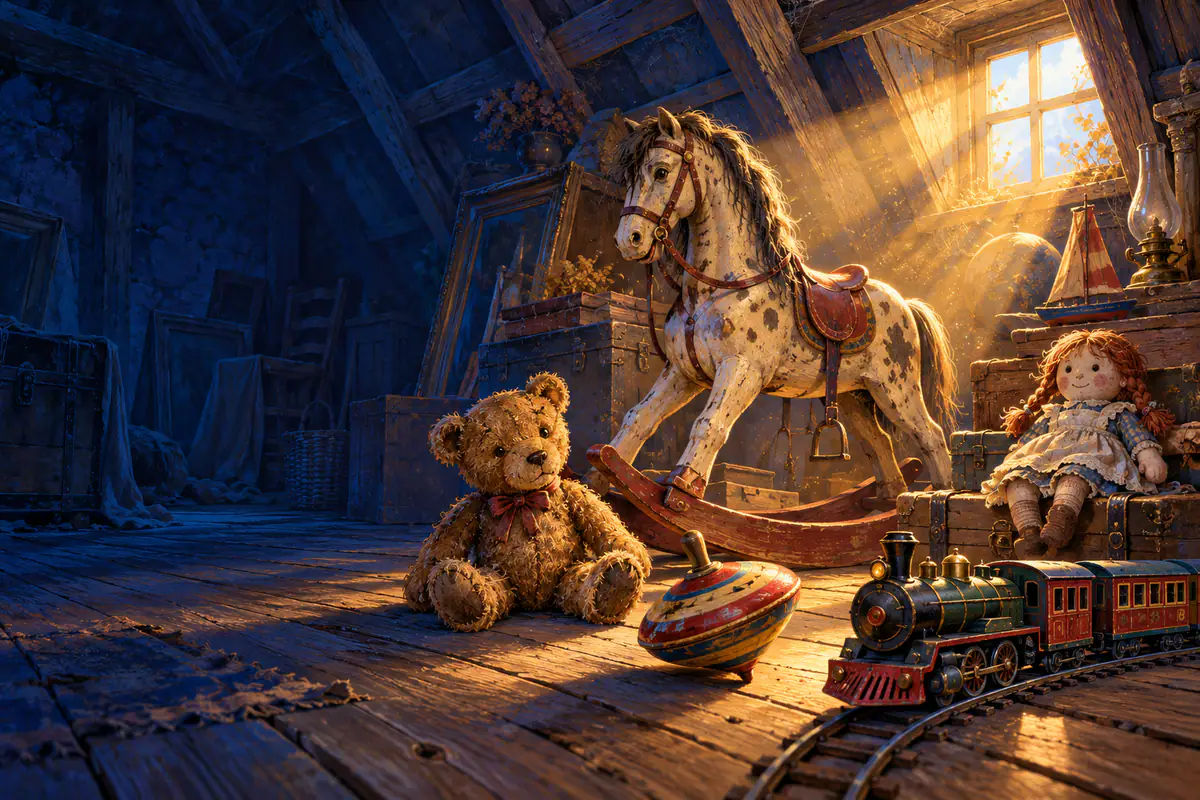 Grenier rempli de jouets anciens : cheval à bascule, ours en peluche et train mécanique en fer-blanc