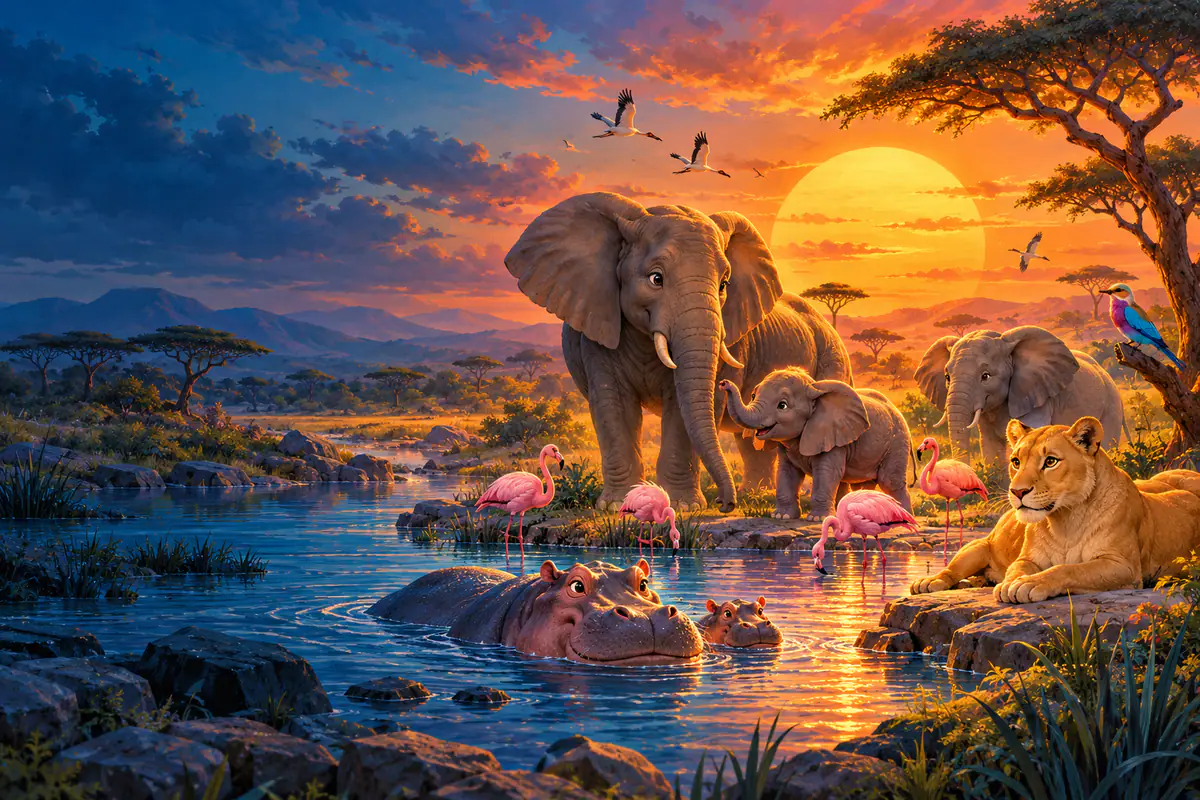 Point d’eau de la savane au crépuscule avec éléphants, lionne, hippopotame et flamants roses, pour les enfants