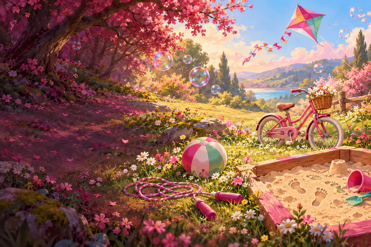 Prairie de printemps pour les enfants, cerf-volant multicolore, ballon, corde à sauter et bulles de savon
