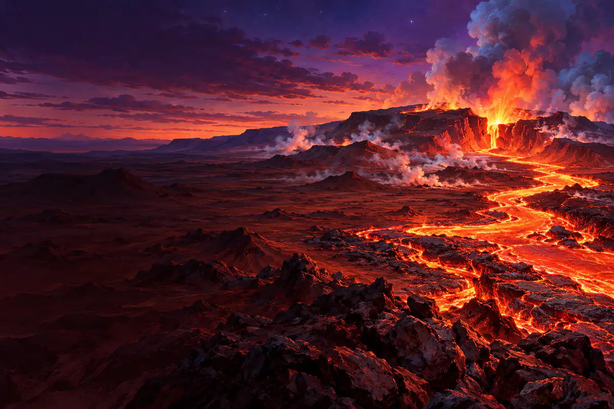 Coulée de lave rougeoyante du Piton de la Fournaise à La Réunion à la tombée de la nuit, ciel violet