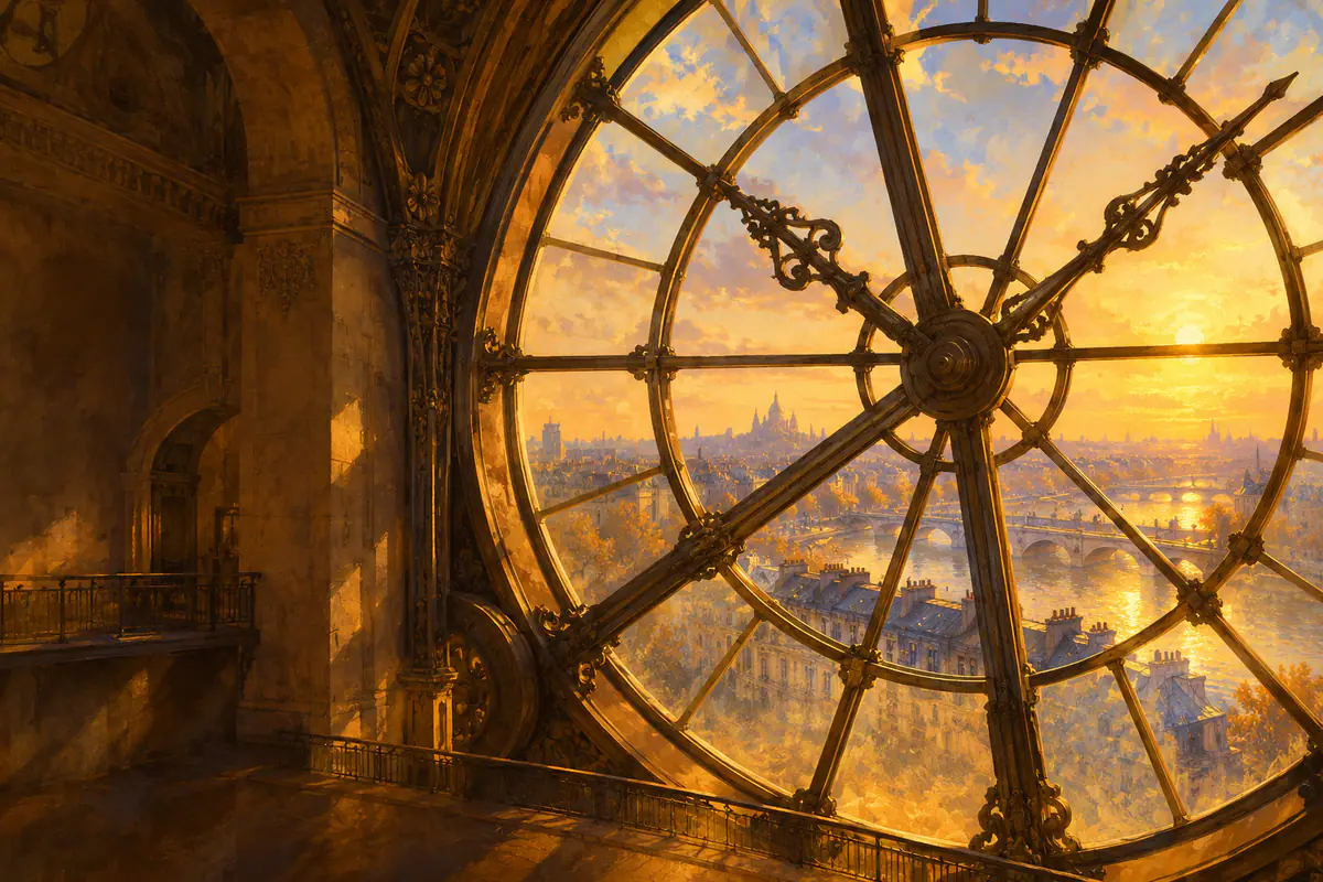 Grande horloge de la gare d’Orsay vue de l’intérieur en contre-jour, toits de Paris et Seine au-delà