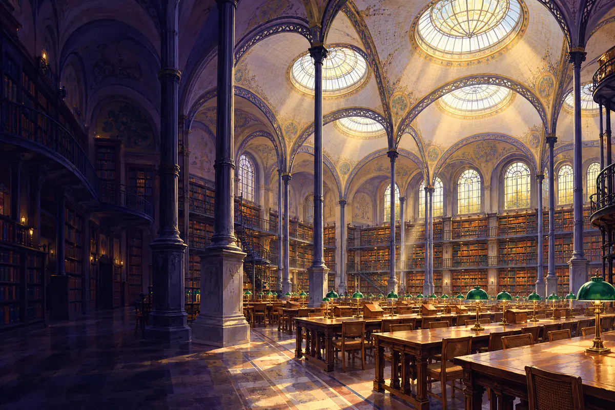 Salle Labrouste de la Bibliothèque nationale, coupoles en faïence, colonnes de fonte et rayonnages de livres reliés