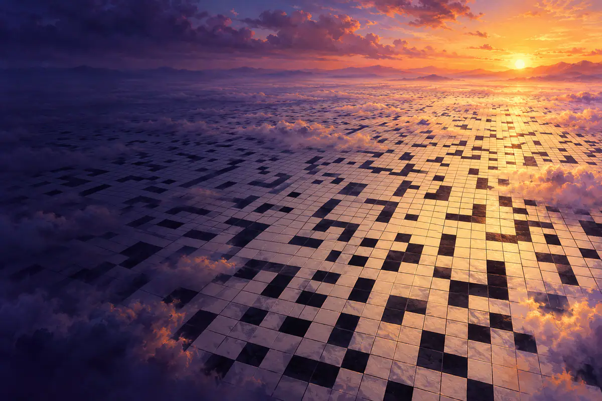 Grille de mots croisés infinie qui s’étend jusqu’à l’horizon comme un océan, entre les nuages, au lever du soleil