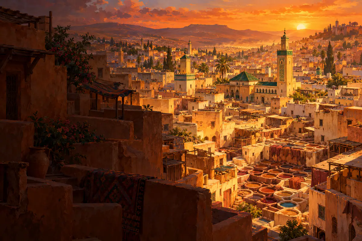 Toits et terrasses de la médina de Fès au soleil couchant, minarets de zellige vert et cuves des tanneries