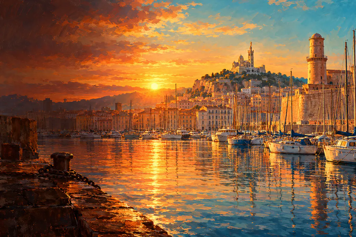 Vieux-Port de Marseille au lever du soleil, mâts des bateaux et Notre-Dame-de-la-Garde dorée sur sa colline