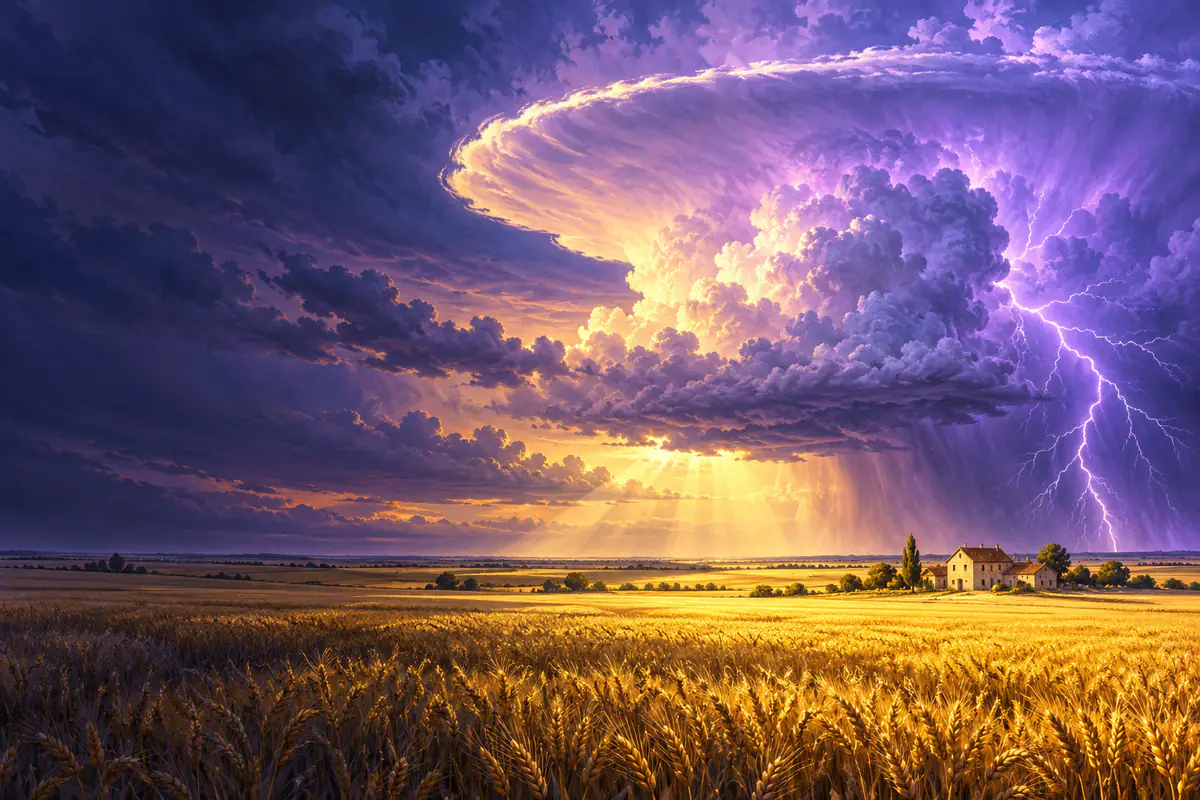 Orage supercellulaire sur la Beauce en été, nuage en enclume, éclair et champ de blé éclairé par le soleil