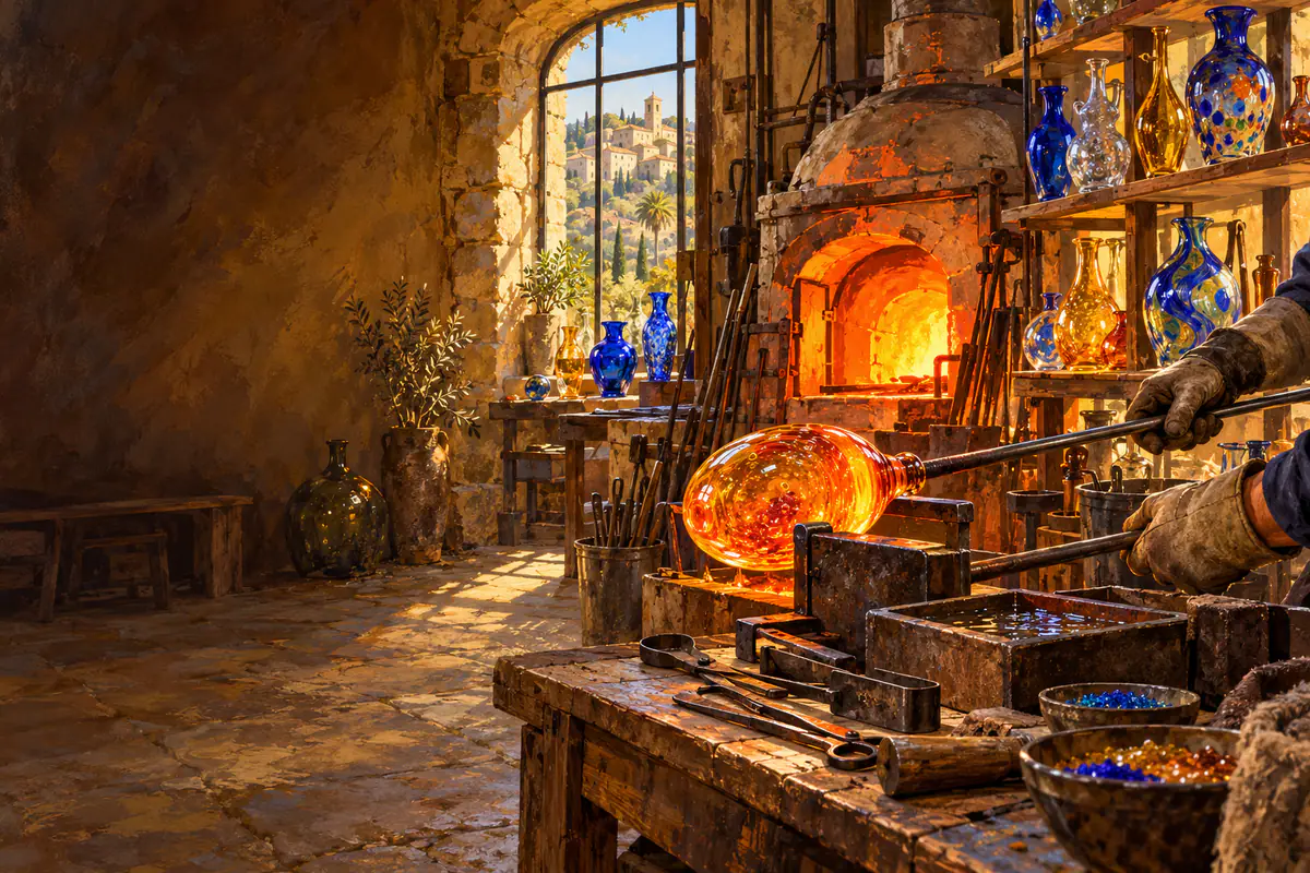 Atelier de souffleur de verre à Biot, four rougeoyant et canne portant une paraison de verre incandescent