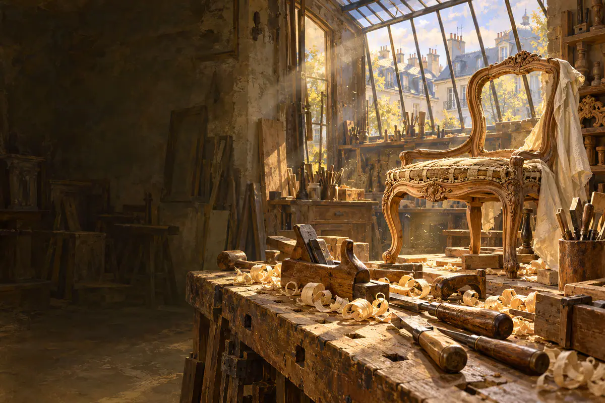 Établi d’ébéniste du faubourg Saint-Antoine avec rabots, ciseaux à bois, copeaux et chaise en restauration
