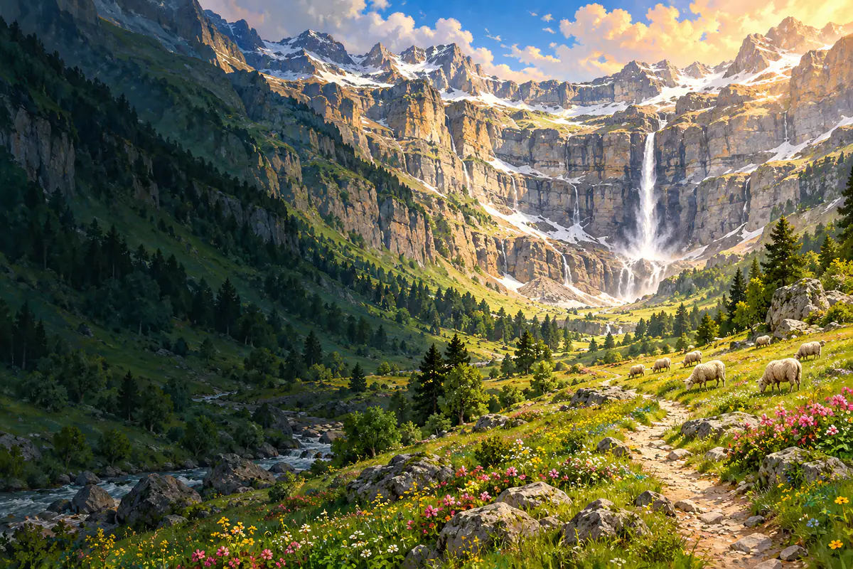 Le cirque de Gavarnie et sa grande cascade dans les Pyrénées, prairie fleurie et troupeau de brebis