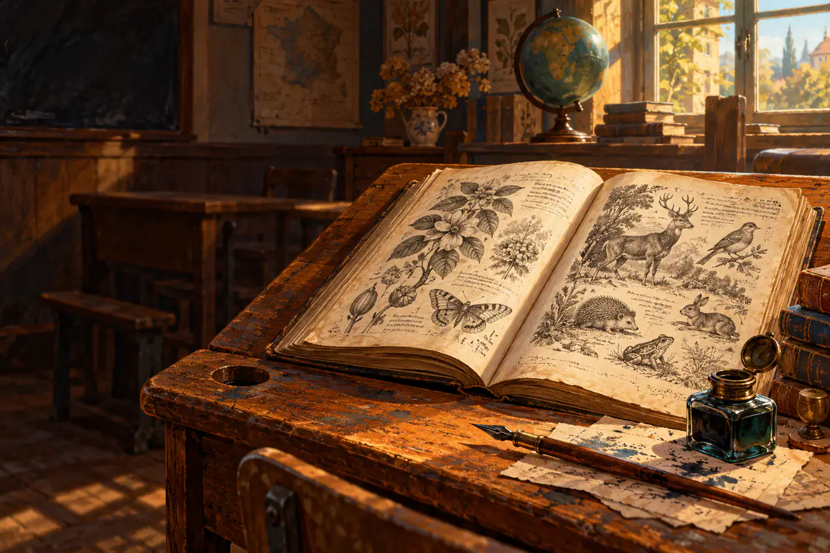 Vieux dictionnaire illustré ouvert sur un pupitre d’écolier, gravures de plantes, porte-plume et encrier
