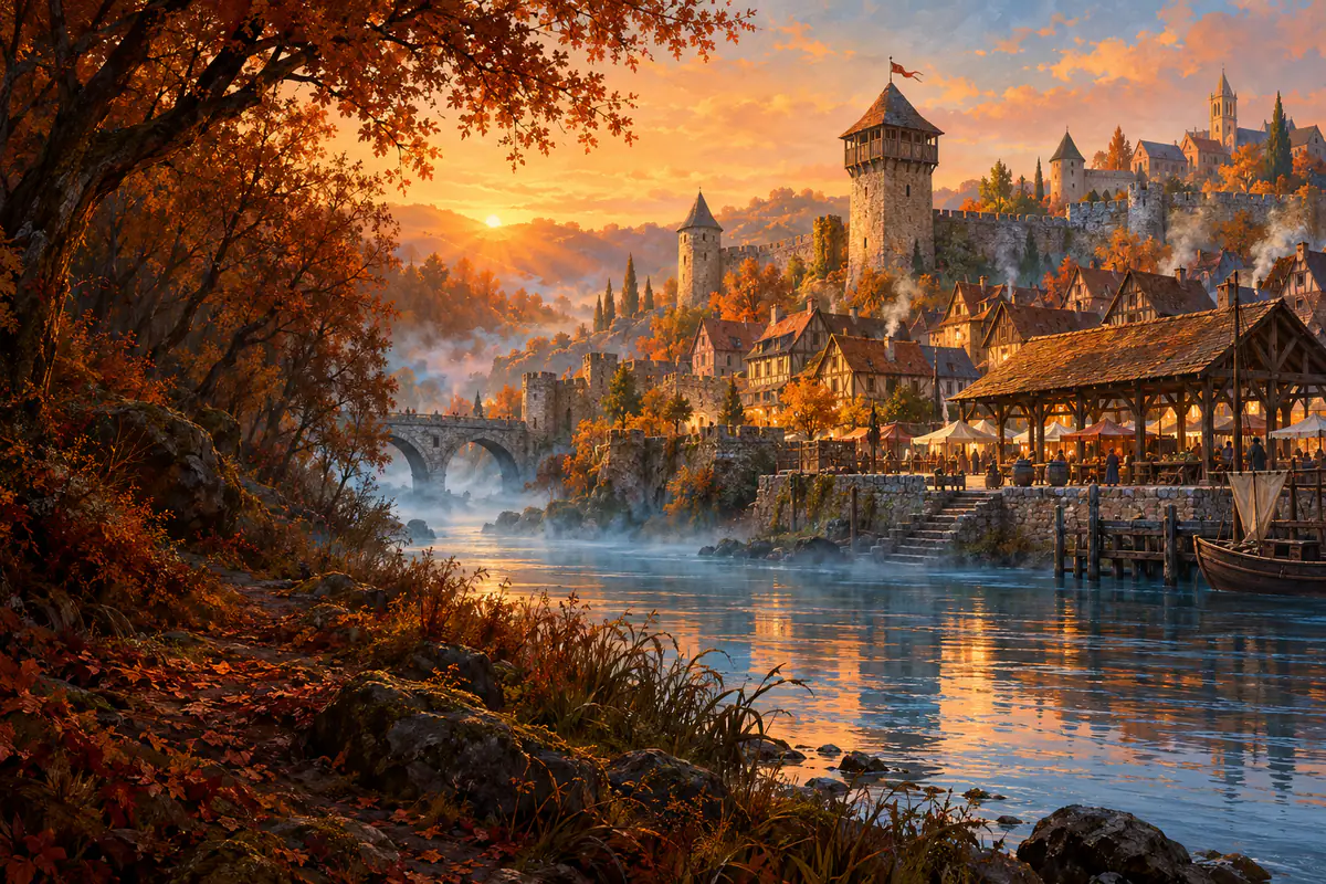 Village médiéval fortifié au petit matin d’automne, maisons à pans de bois, tour de guet et halle en bois